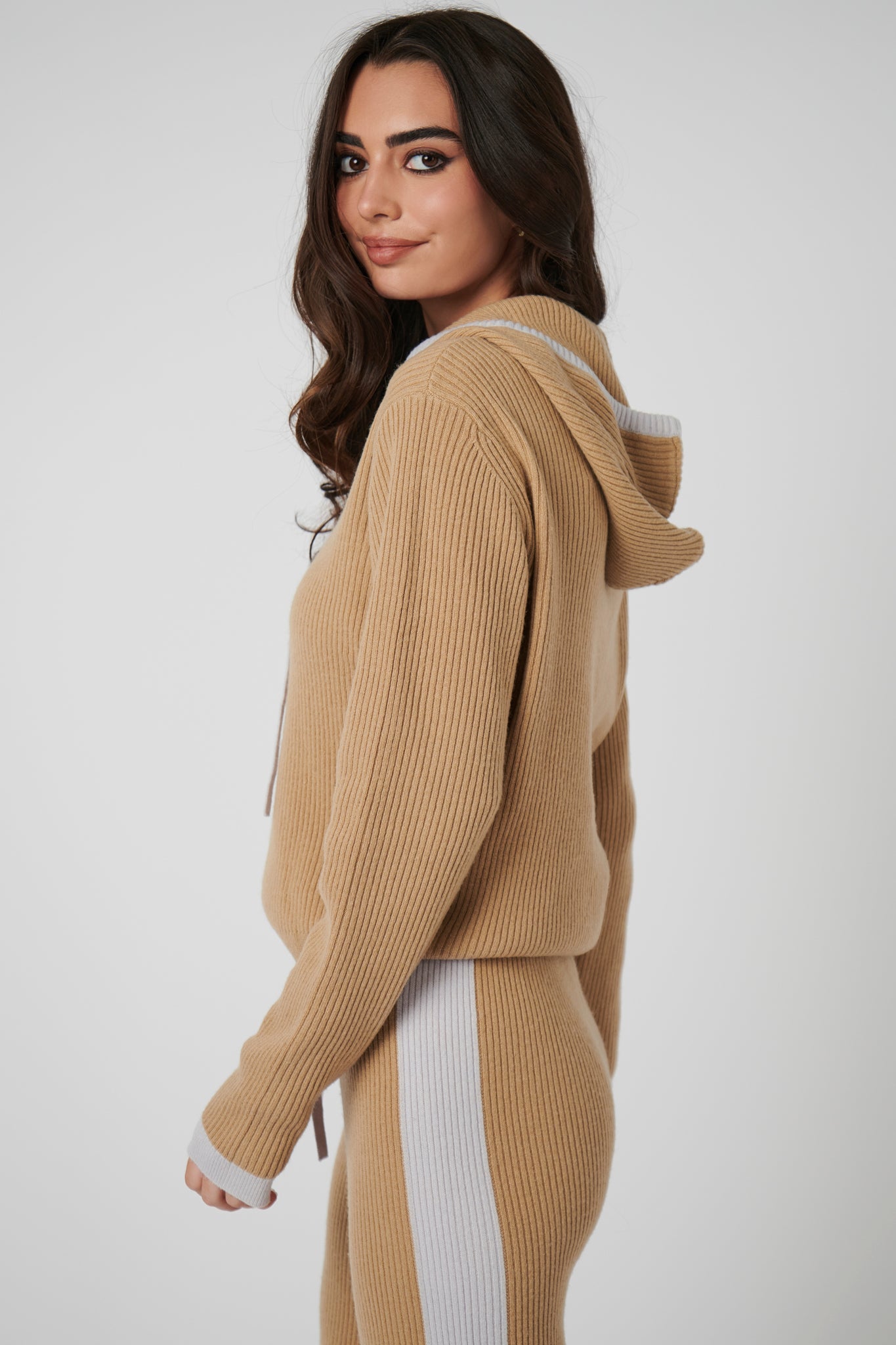 Rib Trim Cashmere Hoodie Camel Pearl Grey